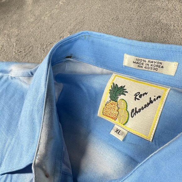 Ron Chereskin Hawaiian Rayon Shirt XL Blue Palm Trees Surf Cars Retro Beach - Picture 4 of 10